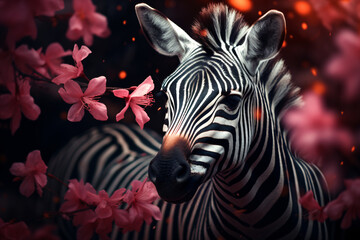 Fototapeta na wymiar cute zebra behind flower bush