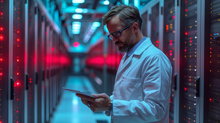 Male computer Specialist using tablet in technology research facility. computer server room.