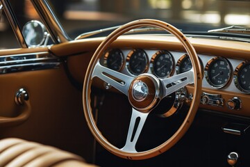 The wood and steel steering wheel of a luxury convertible with a beige leather interior is parked in the garage.