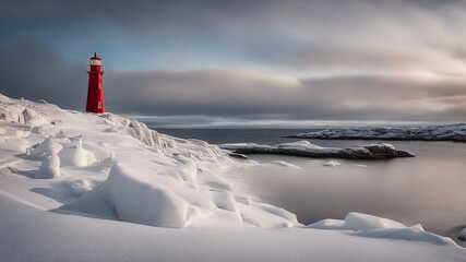 lighthouse in winter A scary   Cove lighthouse in a frozen tundra, with snow, ice,  