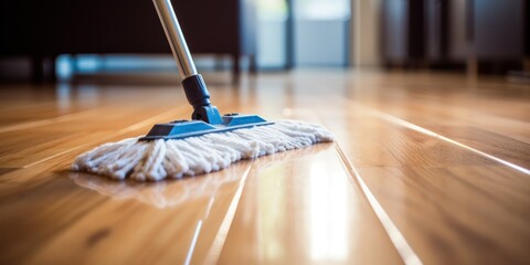 Mop and clean the floor with a mop and cleaning tools on the parquet floor.