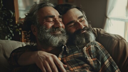 Fototapeta premium Adult son hugging old father Have fun at home Two bearded models chatting and relaxing with smiles. Two happy men.
