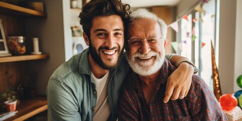 Adult son hugging old father Have fun at home Two bearded models chatting and relaxing with smiles. Two happy men. - Powered by Adobe