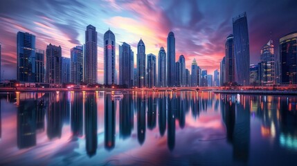 View of modern skyscrapers reflected in still water of river near bridge with sunset sky.