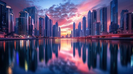 Obraz premium View of modern skyscrapers reflected in still water of river near bridge with sunset sky.