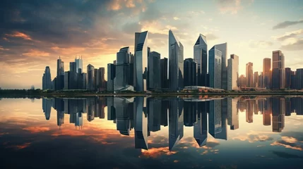 Fototapeten View of modern skyscrapers reflected in still water of river near bridge with sunset sky. © jureephorn