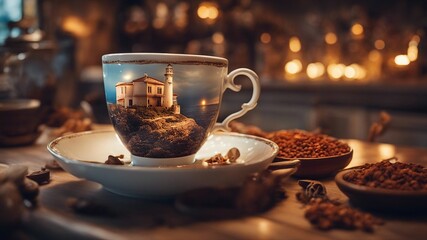 cup of coffee highly intricately detailed photograph of  Old lighthouse in Andros   inside a tea cup on a teacup  - obrazy, fototapety, plakaty