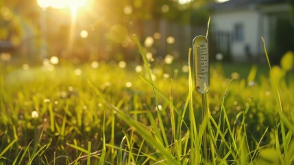 Thermometer in the green grass outdoors to measure temperature - obrazy, fototapety, plakaty