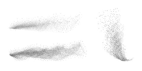 Gradient noise grain texture stains, black and white dotted spray shades, and sand dust spots.Halftone splatter forms forming dark lack stipple grain smoke or steam.