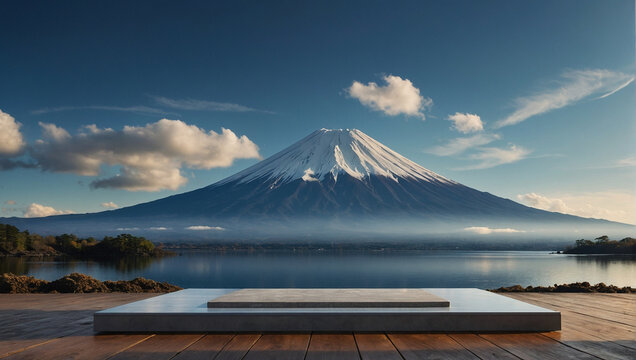 A three-dimensional podium located opposite the iconic Japanese Mount Fuji. generative AI