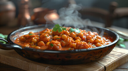 Indian Chana Masala - Steaming hot chili beans in rustic skillet - obrazy, fototapety, plakaty