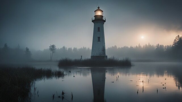 lighthouse at sunset A lighthouse in a haunted swamp, where ghostly figures and eerie sounds lurk in the fog.  