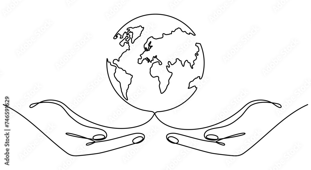 Poster human hands holding earth globe continuous line drawing. save and protect of planet linear concept. 
