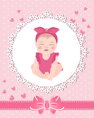 Children's greeting card with a cute baby girl on a lace template with a bow and hearts. Newborn design, vector.