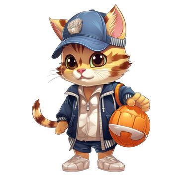 the cute and beautifull cat wearing jacket and hat holding a basket ball png / transparent