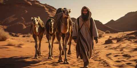 A man leads a camel through the desert. Men wearing traditional clothes on the sand - obrazy, fototapety, plakaty
