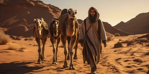Foto op Canvas A man leads a camel through the desert. Men wearing traditional clothes on the sand © jureephorn