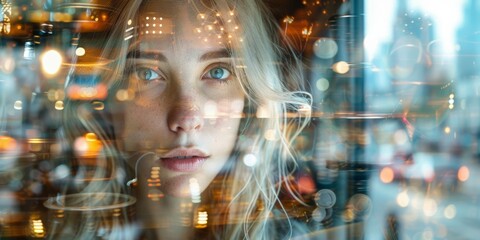 blonde Caucasian woman exudes tranquility as she savors her coffee in a double exposure image, seamlessly intertwining with bokeh lights, casting a dreamy, reflective ambiance.