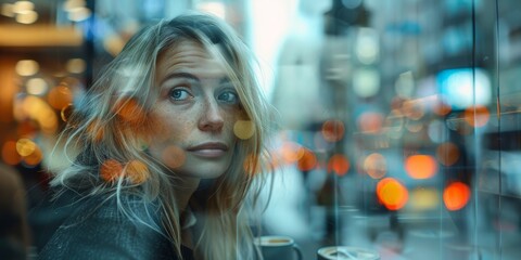 blonde Caucasian woman exudes tranquility as she savors her coffee in a double exposure image, seamlessly intertwining with bokeh lights, casting a dreamy, reflective ambiance.