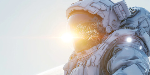 An astronaut in a space suit with a sun flare behind the helmet, suggesting a space exploration theme.
 - obrazy, fototapety, plakaty