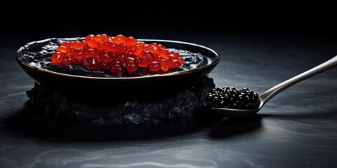 Appetizing red caviar in a black spoon on a black plate and the same color stone concrete table background.