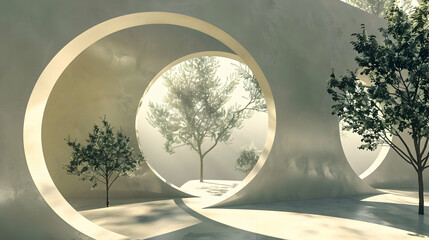Interior with circular architecture form in 3D style. Abstract room with arc element and trees - obrazy, fototapety, plakaty