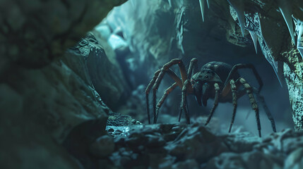 Spider crawling in the cave. Dangerous insect from fairytale  - obrazy, fototapety, plakaty
