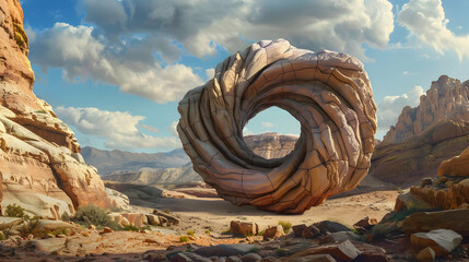 Surreal rock vortex formation. Fictional coiled stones in the desert mountains. - obrazy, fototapety, plakaty