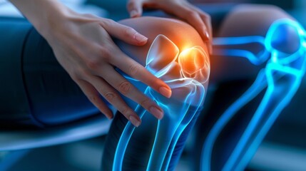 Digital representation of a person's knee with highlighted areas indicating pain, set against a dark background. joint inflammation, bone fracture, woman suffering from osteoarthritis, leg injury - obrazy, fototapety, plakaty