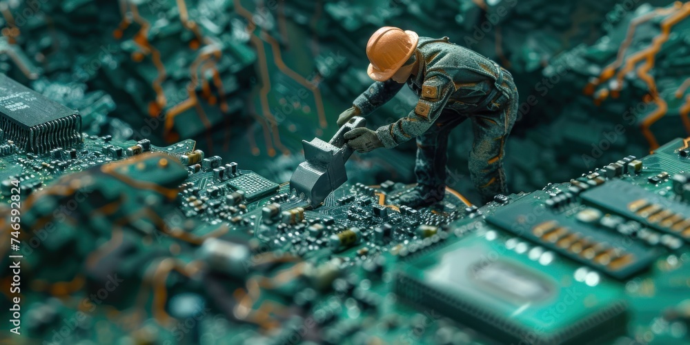Poster digital construction. technicians building circuits on computer motherboards, skillfully crafting th