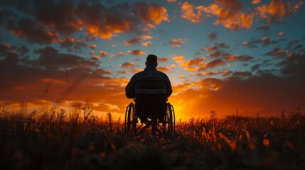 Back view of a solitary man in a wheelchair, contemplating a breathtaking sunset in a serene field. - obrazy, fototapety, plakaty