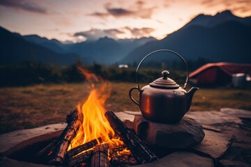 campfire and teapot Tents and mountains in the background at sunset On a traveler's holiday - obrazy, fototapety, plakaty