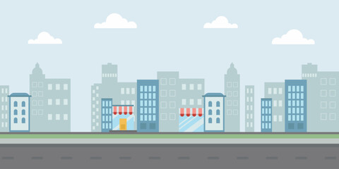Vector city background with shop windows.