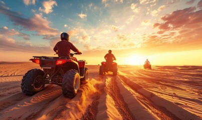 An off road ATV driving dune bashing in breathtaking view desert area at sunset or sunrise
