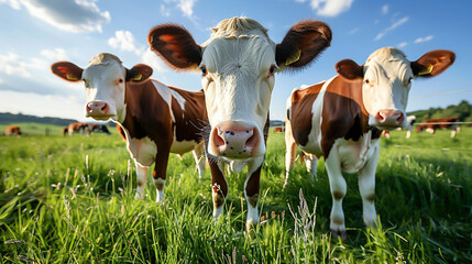Grazing dairy cows in green pasture under blue skies embodying sustainable tranquil farming - obrazy, fototapety, plakaty