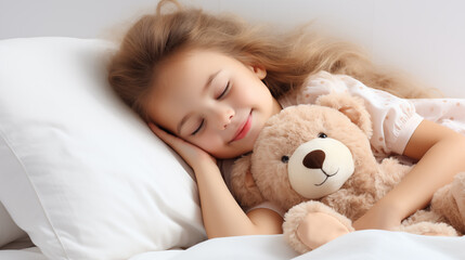 Obraz na płótnie Canvas Cute little girl sleeping with teddy bear in bed