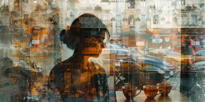 An Indian woman, her hair adorned with elegance, cherishes a serene coffee moment in a double exposure image, blending harmoniously with bokeh lights, casting a dreamy, reflective ambiance.