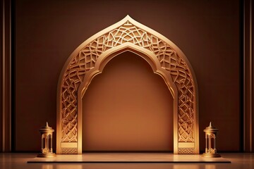 Luxury Islamic Podium traditional Islamic gold window frame with generative ai