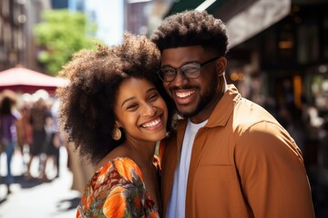 Happy African American couple hugging on the street on a summer day happily on holiday