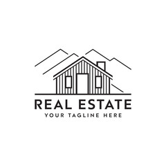 Creative line art real estate logo design with mountain background 