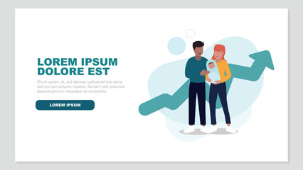 Vektor-Illustration eines Paares mit einem Baby, im Hintergrund eine steigende Kurve eines Graphen - Familienkonzept