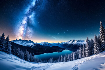Majestic winter nightscape with milky way mountains, aerial. Panoramic snowy mountains under a starry sky with milky way galaxy. Earth nature concept. Copy ad text space. Generate Ai