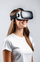 Portrait of young smiling European woman wearing virtual reality glasses. Vr headset.