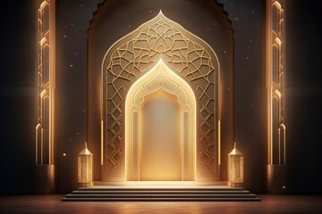 Luxury Islamic Podium traditional Islamic gold window frame with generative ai