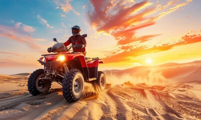 An off road ATV driving dune bashing in breathtaking view desert area at sunset or sunrise