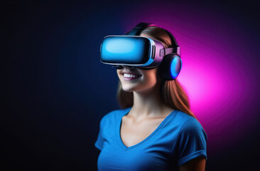 Banner with young smiling European woman wearing virtual reality glasses. Metaverse. Vr headset.