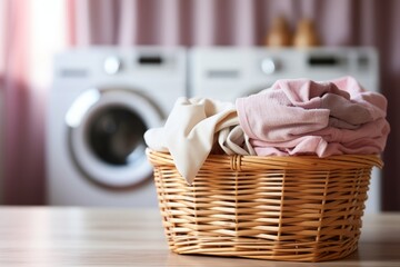 Laundry basket on blurred background of modern washing machine in laundry room interior - obrazy, fototapety, plakaty