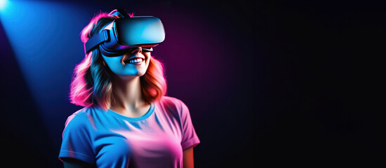 Banner with young smiling European woman wearing virtual reality glasses. Metaverse. Vr headset.