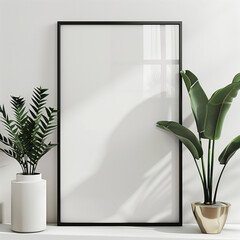 minimalist home staging with empty mockup frame on wooden console and indoor plant