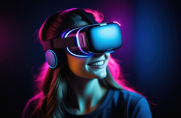 Young smiling European woman wearing virtual reality glasses. Metaverse. Vr headset.